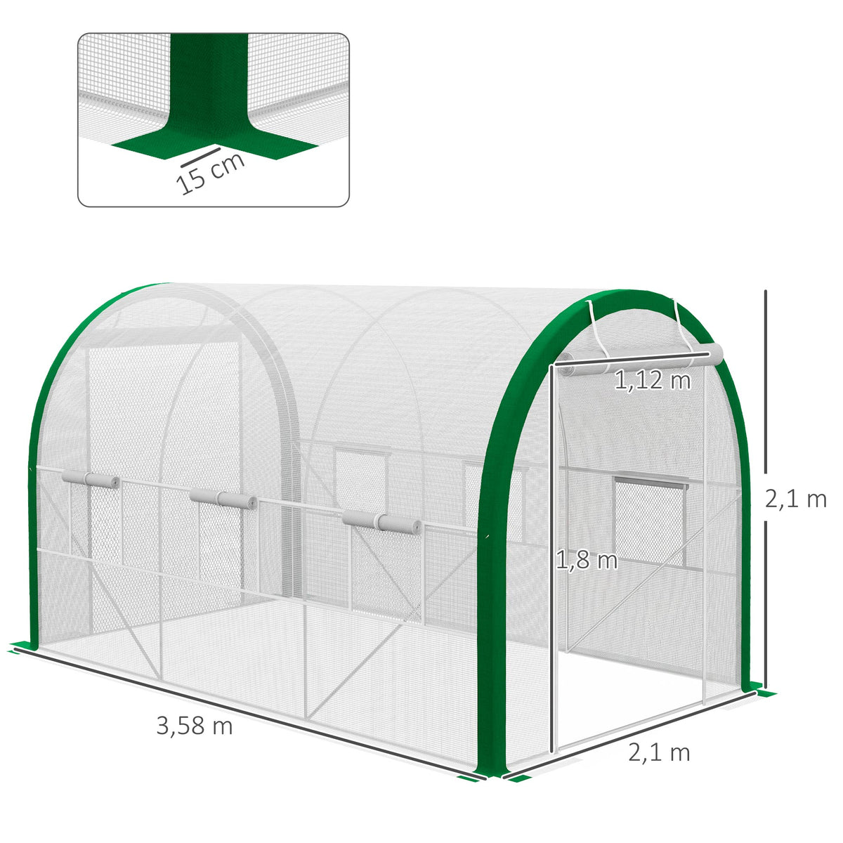 Tunnel-Gewächshaus, Treibhaus, Reißverschlusstüren, Netzfenster, Metallrahmen, 3,5 x 2 x 2m, Weiß