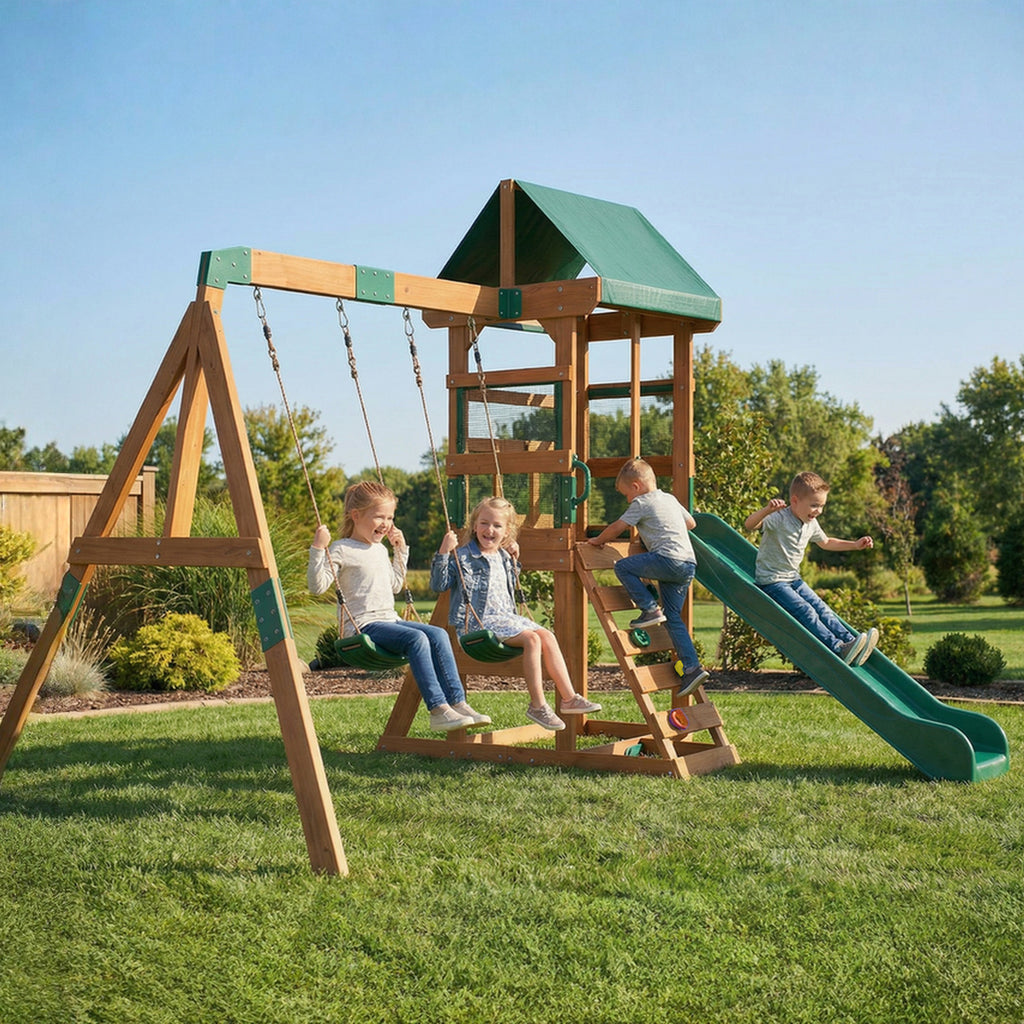 Spielturm Klettergerüst Holz Schaukelgestell mit Rutsche 2 Schaukeln Kletterwand für 3-8 Jahre 315x284x233 cm Grün