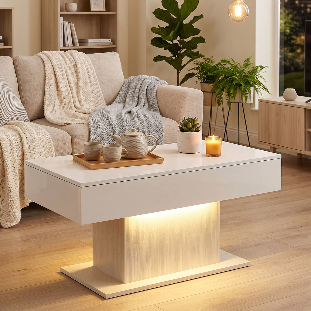 LED Couchtisch mit Stauraum, Hochglanz, Modern, 2 Schubladen & Fernbedienung, Weiß