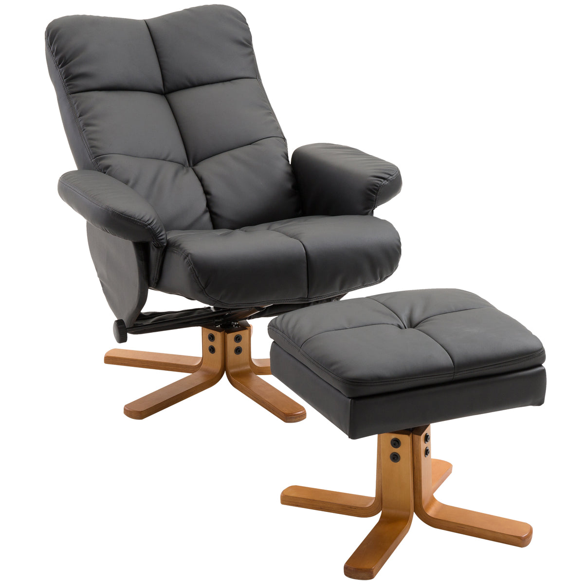 Relaxsessel mit Hocker, 360°drehbarer Fernsehsessel mit Liegefunktion Lesesessel für Schlafzimmer, Wohnzimmer, Kunstleder, Schwarz