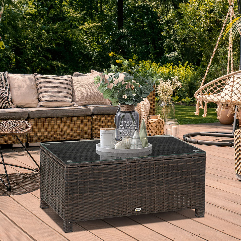 PE Rattan Garden Coffee Table with Glass Table Top - Brown
