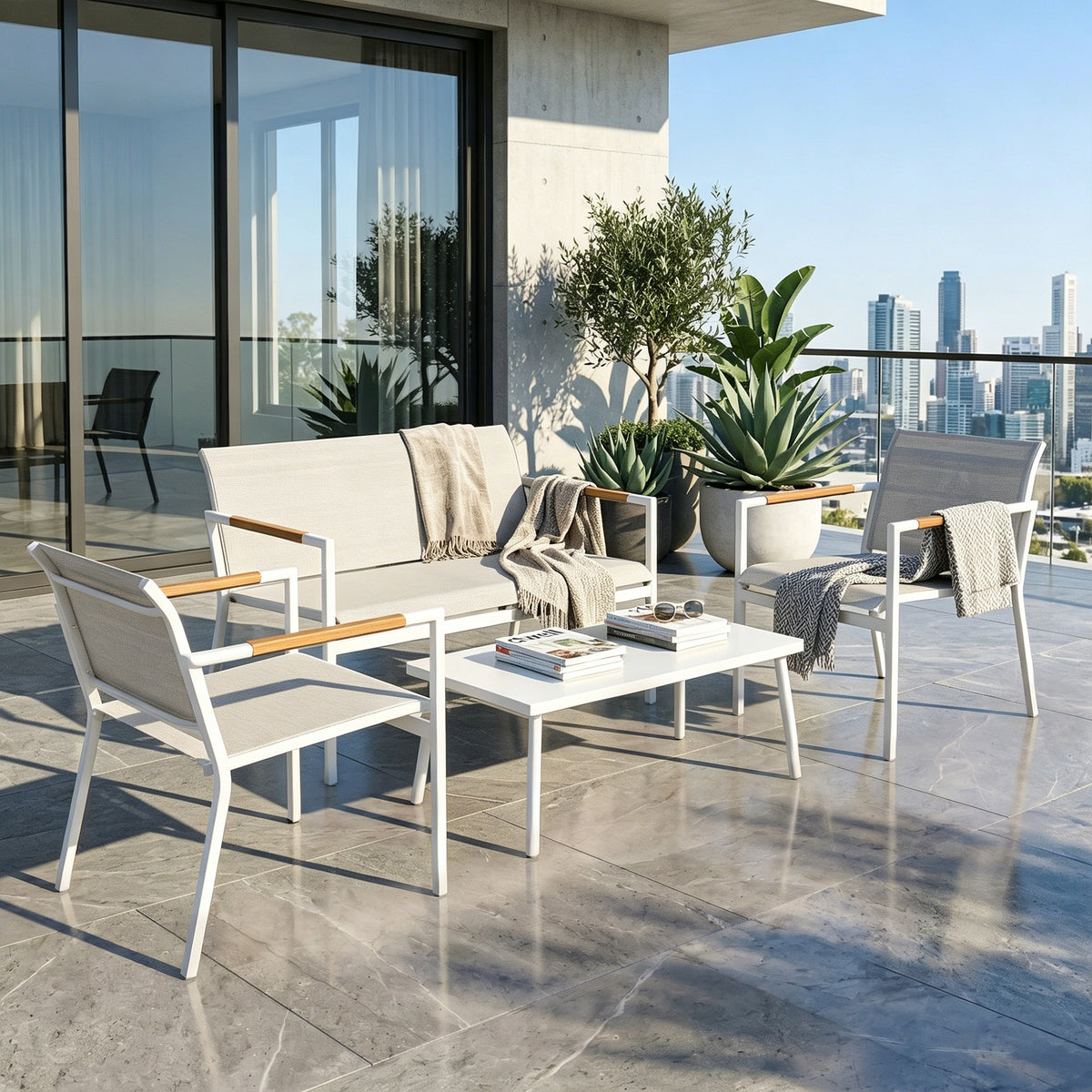 Gartenmöbel Set Sitzgruppe für 4 Personen Atmungsaktiv Gartenlounge mit 2er Sofa 2 Sessel Metall-Tisch Fußpads