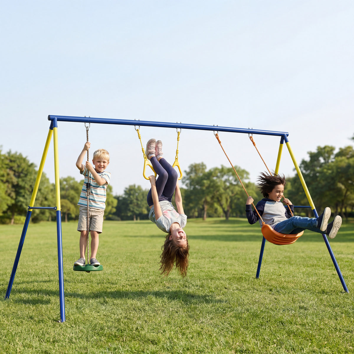 Schaukelgestell bis 150 kg 3-in-1 Kinderschaukel mit klassischer Schaukel, Turnringe, Stehschaukel, 285x160x181 cm