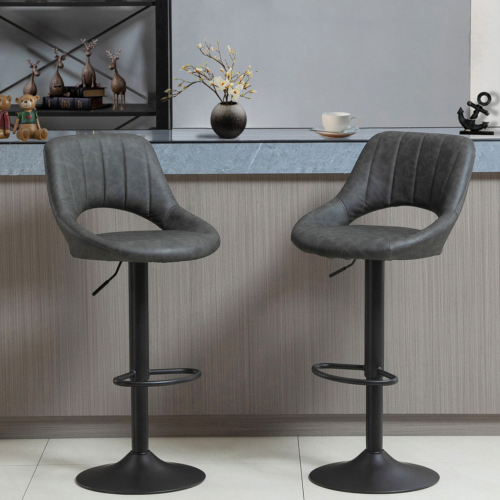 Barhocker 2er-Set, Lederoptik, drehbar, höhenverstellbar, Fußstütze, Metallrahmen, 47 x 52 x 87-109 cm, Grau