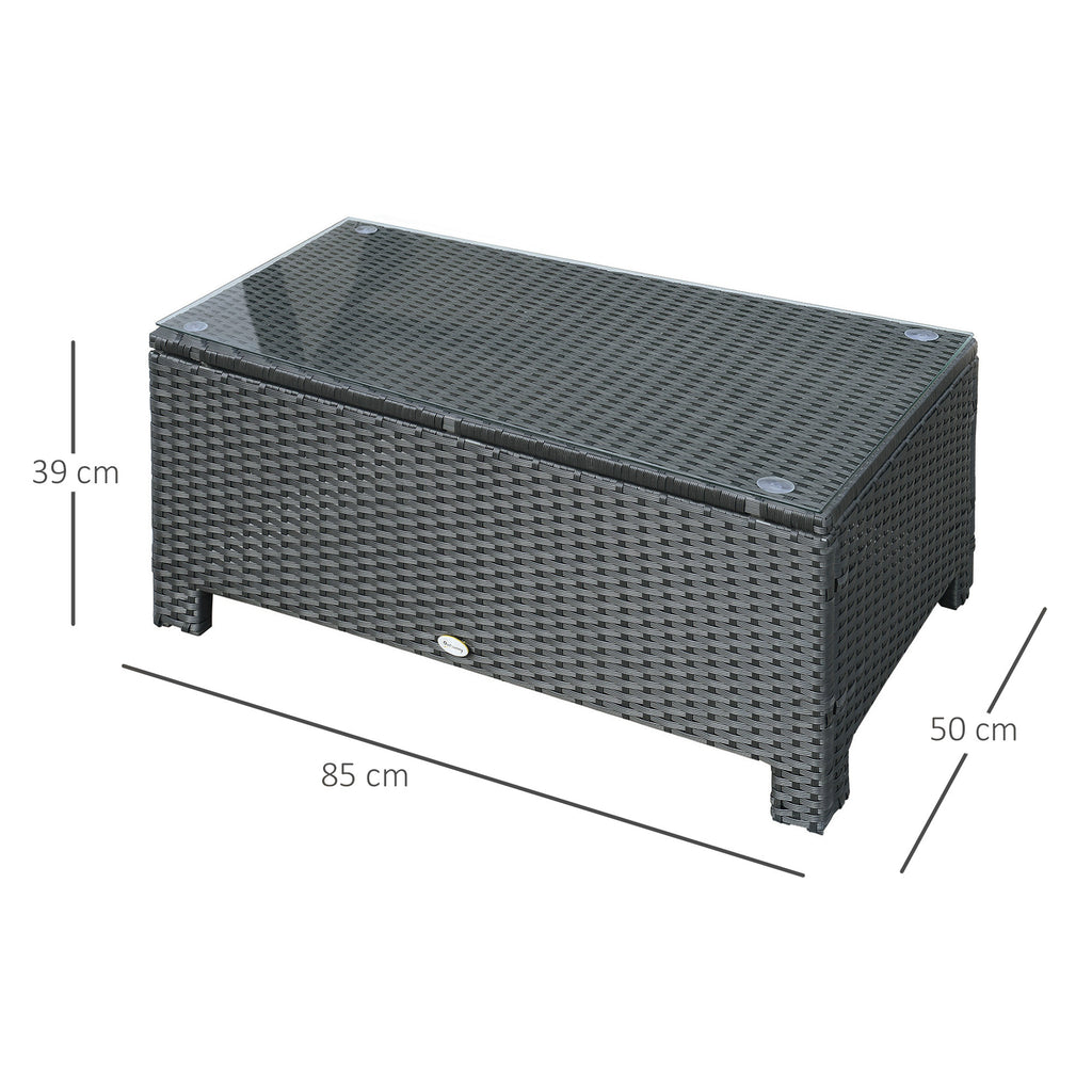 PE Rattan Coffee Table, Rectangular Outdoor Coffee Table with Tempered Glass Top, 70 KG Capacity for Garden, Balcony, Terrace, Patio, Black