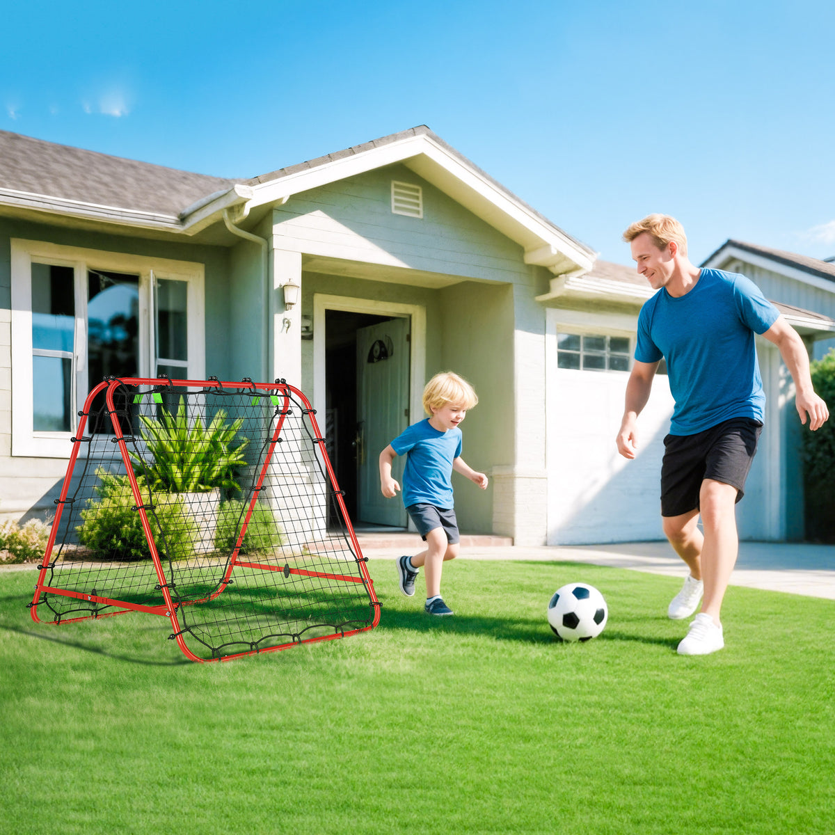 Double Sided Football Rebounder Net, Football Rebound Goal with Five Adjustable Angles, Red