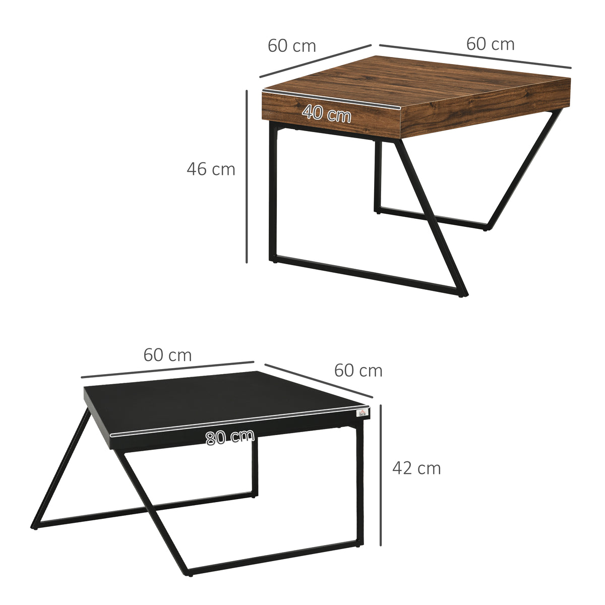 Couchtisch-Set, 2 Beistelltische, Industrial Design, Stahlrahmen, Holz/Schwarz