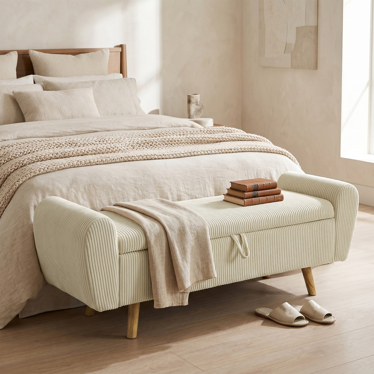 Sitzbank mit Stauraum, Polsterbank mit Cord-Optik, Holzfüßen und Gerollten Armlehnen, Beige