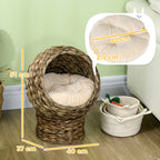 Woven Banana Leaf Elevated Cat Bed Wicker Kitten Basket Pet Den. House Cosy Cave with Soft Cushion Dome 40x37x51cm Grey