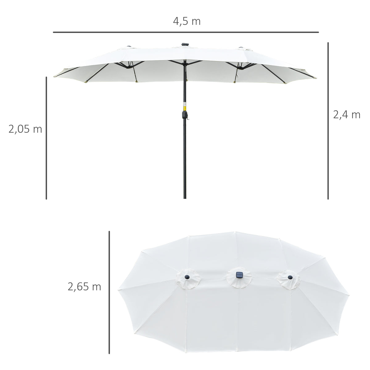 Doppelsonnenschirm mit Solar LED 450 x 265 cm, Sonnenschirm mit Handkurbel, oval Balkonschirm Strandschirm windfest stabil Marktschirm Kurbelschirm für Balkon Terrasse Garten, Cremeweiß