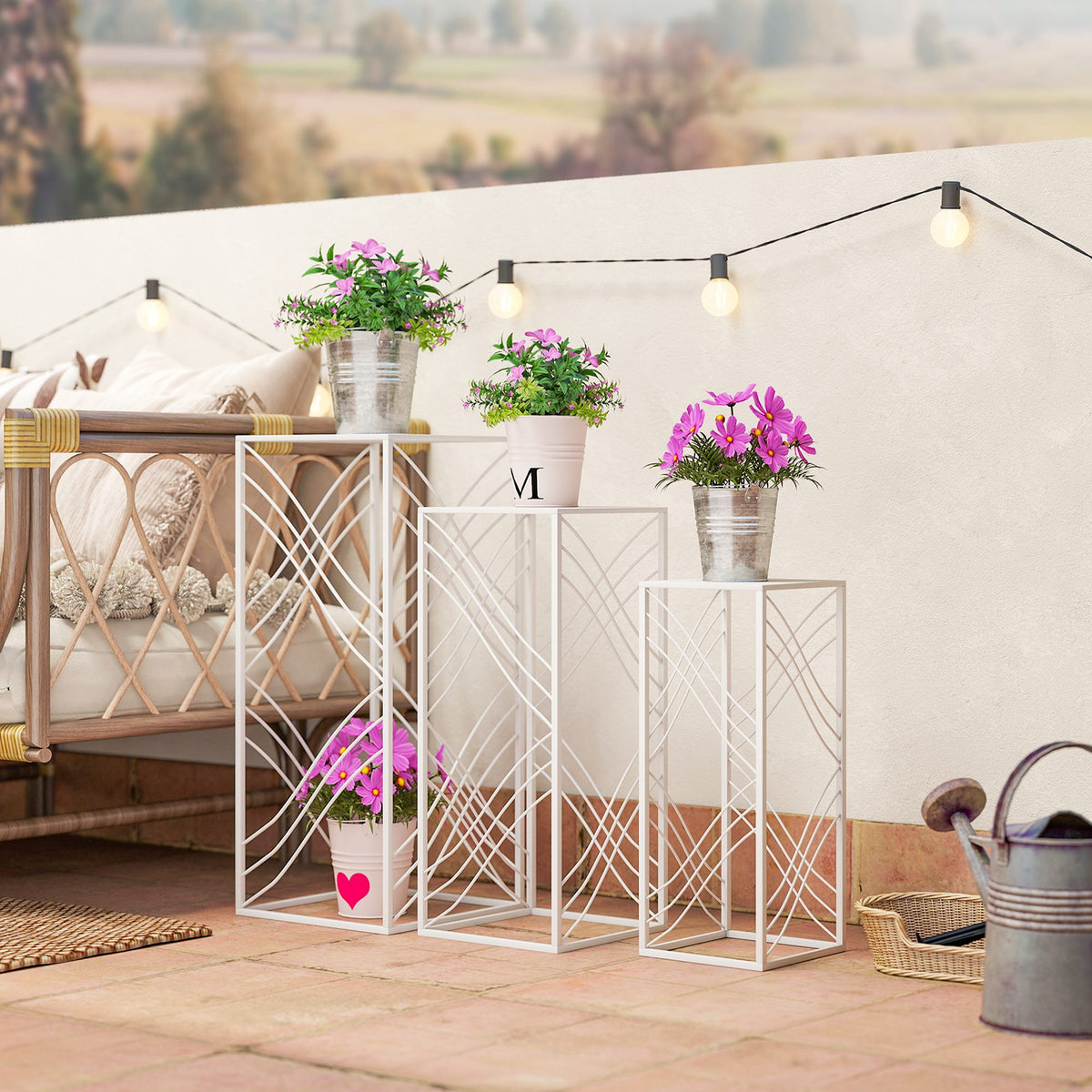 3er-Set Pflanzenständer, 50/60/70 cm hoch Blumenständer, stapelbar Pflanzenregal aus Metall Weiß