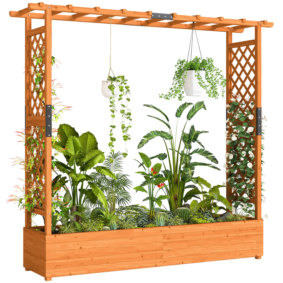 Hochbeet mit Rankengitter und Dach, f¨¹r Blumen, Obst, Gem¨¹se, Kr?uter, 196 x 44 x 181 cm, Holz, Orange