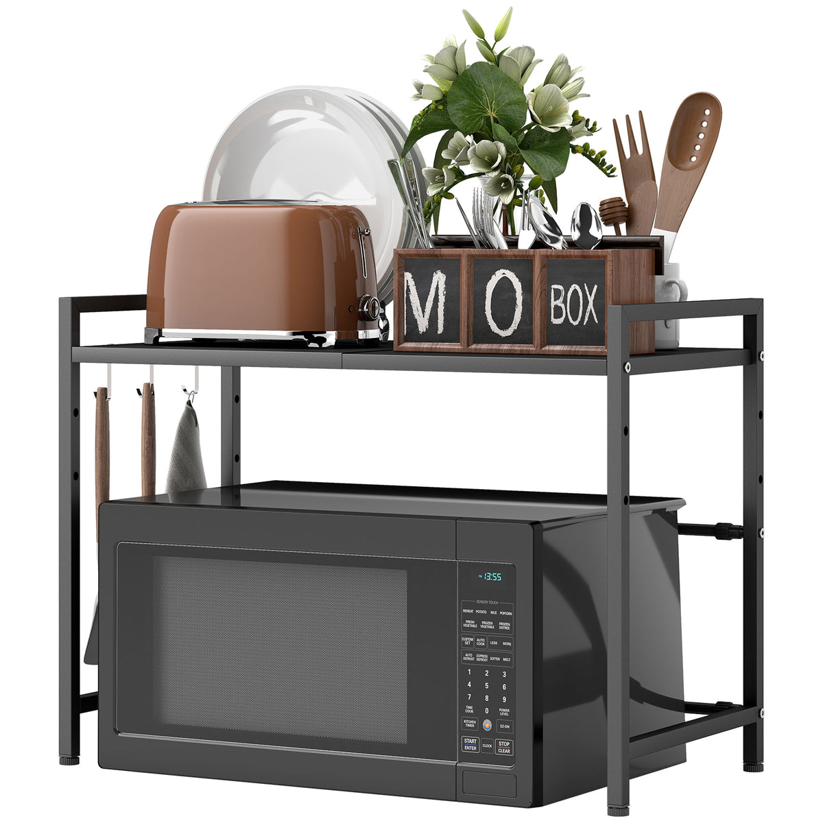 Expandable Microwave Oven Rack with 3 Hooks - Black