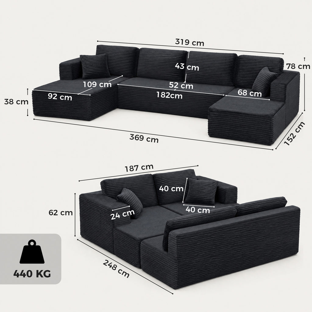 Modulares U-Sofa mit 2 Chaiselongues, Cord-Schlafsofa mit hochdichtem Schaumstoff und Federpolsterung, Dunkelgrau