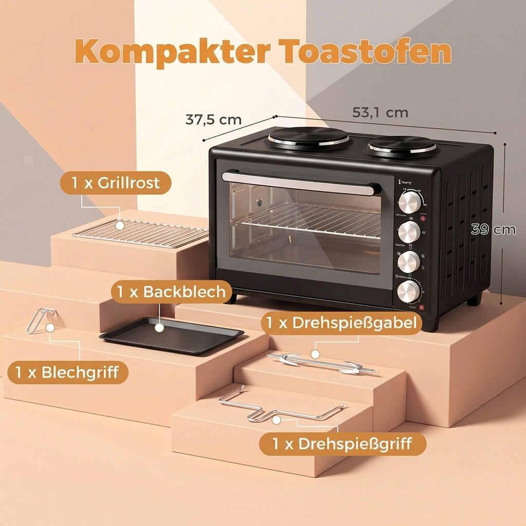 36L Mini-Backofen mit 2 Kochplatten, elektrischer Tischbackofen mit Umluft, 90–230 °C