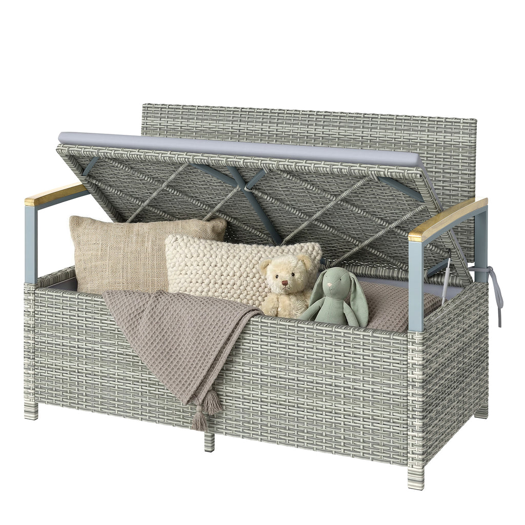 Gartenbank Polyrattan 170L 2-Sitzer Sitzbank mit Stauraum abnehmbar Kissen Reißverschluss-Innenauskleidung Holz-Armlehne