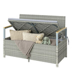 Gartenbank Polyrattan 170L 2-Sitzer Sitzbank mit Stauraum abnehmbar Kissen Reißverschluss-Innenauskleidung Holz-Armlehne