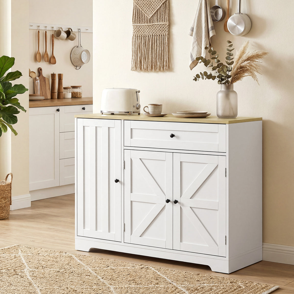Sideboard, Landhausstil Küchenschrank mit Schiebetüren, 1 Schublade, 2 verstellbaren Einlegeböden, Türregalen