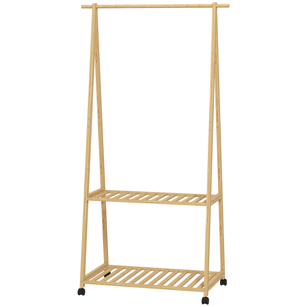 Bamboo Clothes Rack, with Shelves and Hooks - Natural Finish