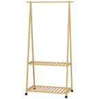 Bamboo Clothes Rack, with Shelves and Hooks - Natural Finish