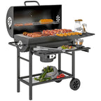 Charcoal BBQ Grill with Foldable Front Side Shelf, Portable Barbecue Smoker with Warming Rack, Bottom Shelf, Lid, Temperature Gauge, Wheels for Outdoor Cooking Garden Party, Black