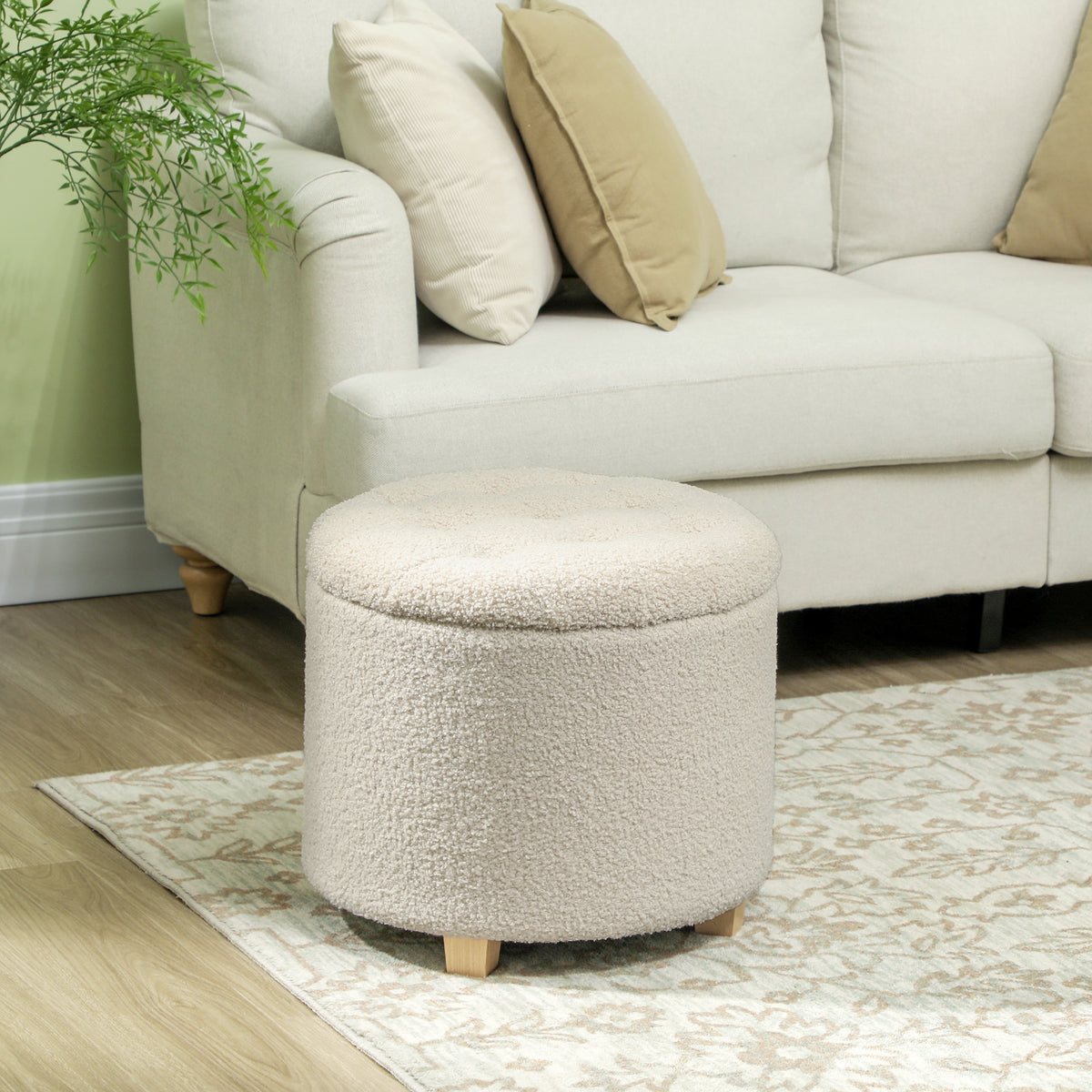 Runder Sitzhocker mit Stauraum, Deckel und Holzbeinen, Fu?hocker f¨¹r Wohnzimmer, Flur, Schlafzimmer, Cremewei?