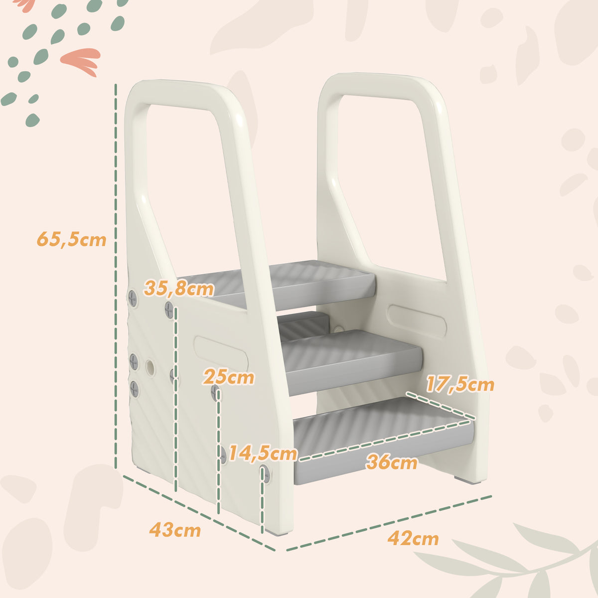 Adjustable 3 Step Toddler Tower with Handles, Non-slip Surface and Foot Pads, Grey