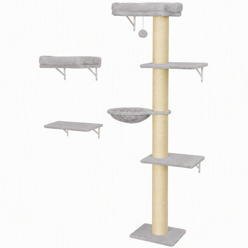 Kletterwand Katzen, 3-teilig Katzenkletterwand Set, Katzen Wandelemente mit Kratzbaum, Plattformen Hängematte