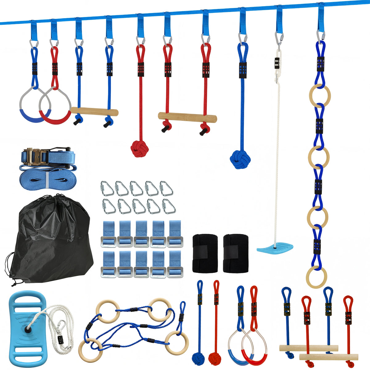 Ninja Line Kinder 10m 9-teilig Slackline Set mit 2 Turnringe 3-in-1 Schaukel 2 Kletterstange für 3-8 Jahre Mehrfarbig