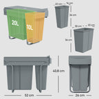 Ausziehbarer M¨¹lleimer, K¨¹chenm¨¹llbeh?lter mit 2 herausnehmbaren Eimern, Griff, 30 Liter (20 L+10 L), Metall, Grau