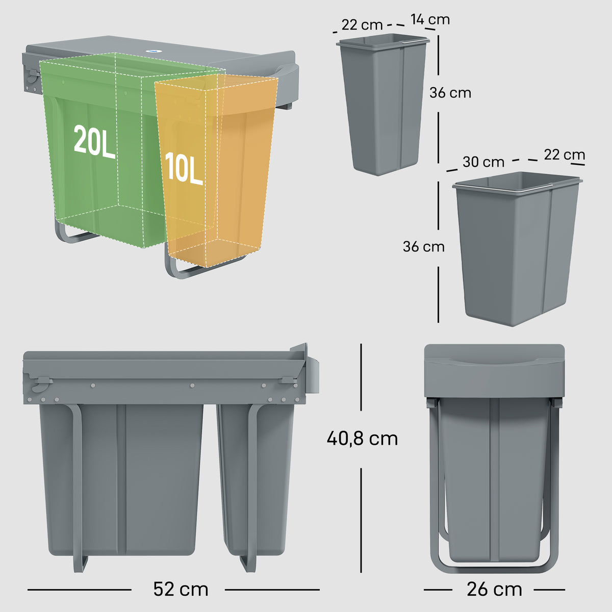 Ausziehbarer M¨¹lleimer, K¨¹chenm¨¹llbeh?lter mit 2 herausnehmbaren Eimern, Griff, 30 Liter (20 L+10 L), Metall, Grau