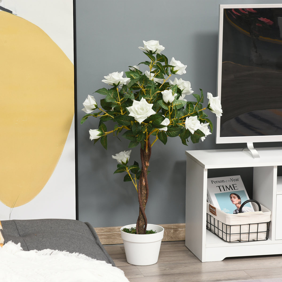 Artificial Plants White Rose Floral in Pot, Fake Plants for Home Indoor Decor, 90cm