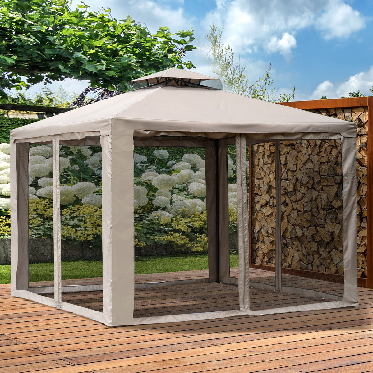 Outdoor Gazebo, 2-tier Roof with Netting, 295L x 295W x 263Hcm-Taupe