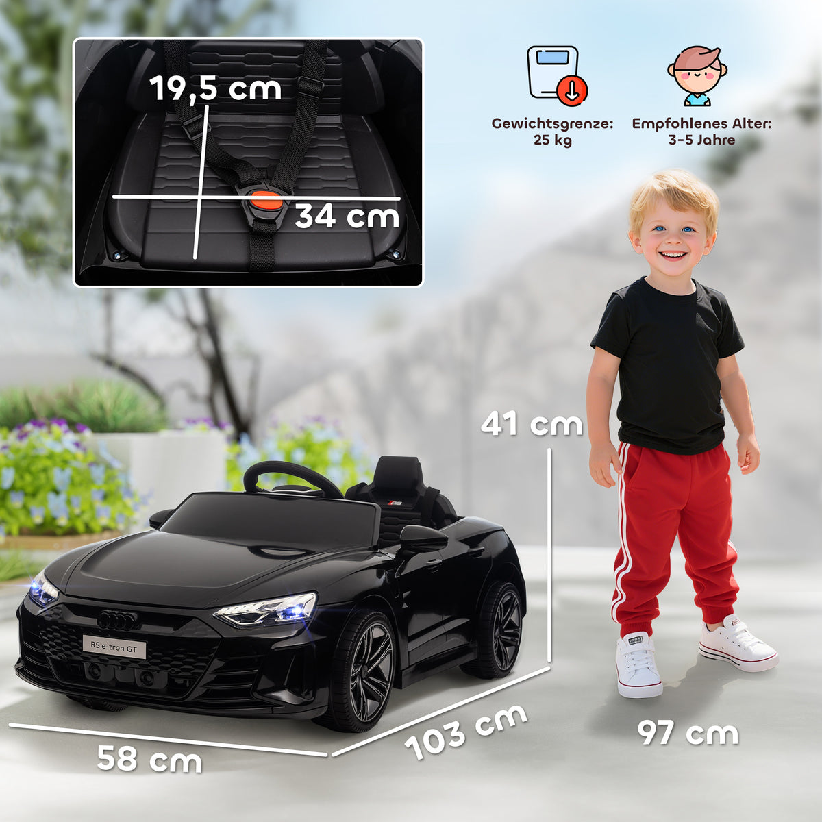 Kinderauto, Elektroauto, Audi-lizenziert, mit Sicherheitsgurt, Fernbedienung, Licht, schwarz, 103 x 58 x 41cm