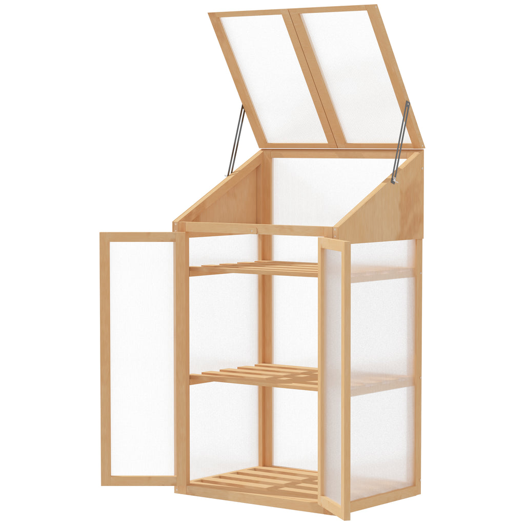 Mini-Gewächshaus, kleines Treibhaus mit Holzrahmen, Fenster und Doppeltür, 3 Regale, 70L x 50B x 120H cm, Braun