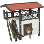 Cat House Outdoor w/ Balcony Stairs Roof, 77 x 50 x 73 cm, White