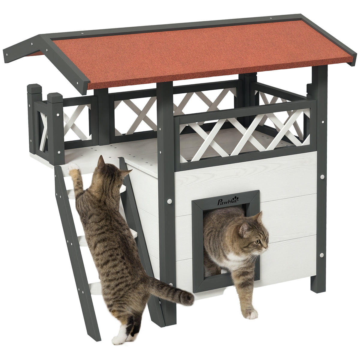Cat House Outdoor w/ Balcony Stairs Roof, 77 x 50 x 73 cm, White