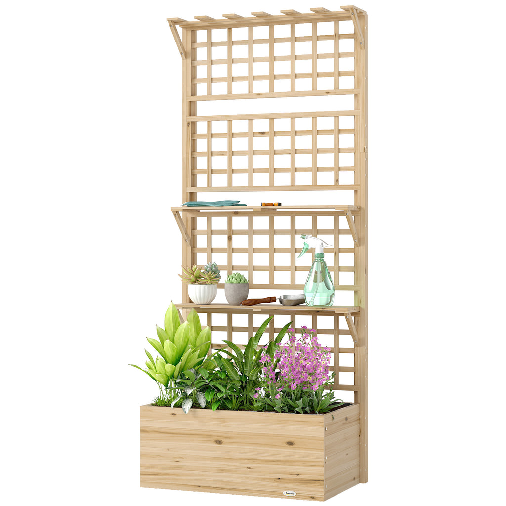 Hochbeet mit Rankgitter & hängendem Dach, Holz Blumenkasten mit 2 Regalen Ablauflöchern 76 x 43,5 x 177 cm