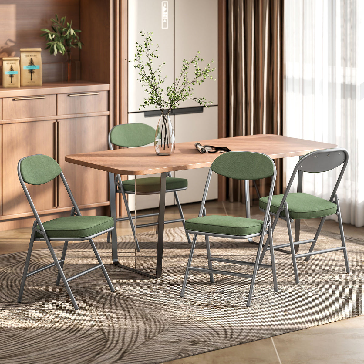 4er-Set gepolsterte Klappstühle, Faltbare Stühle mit Cordbezug, Rückenlehne, Metallrahmen, Grün