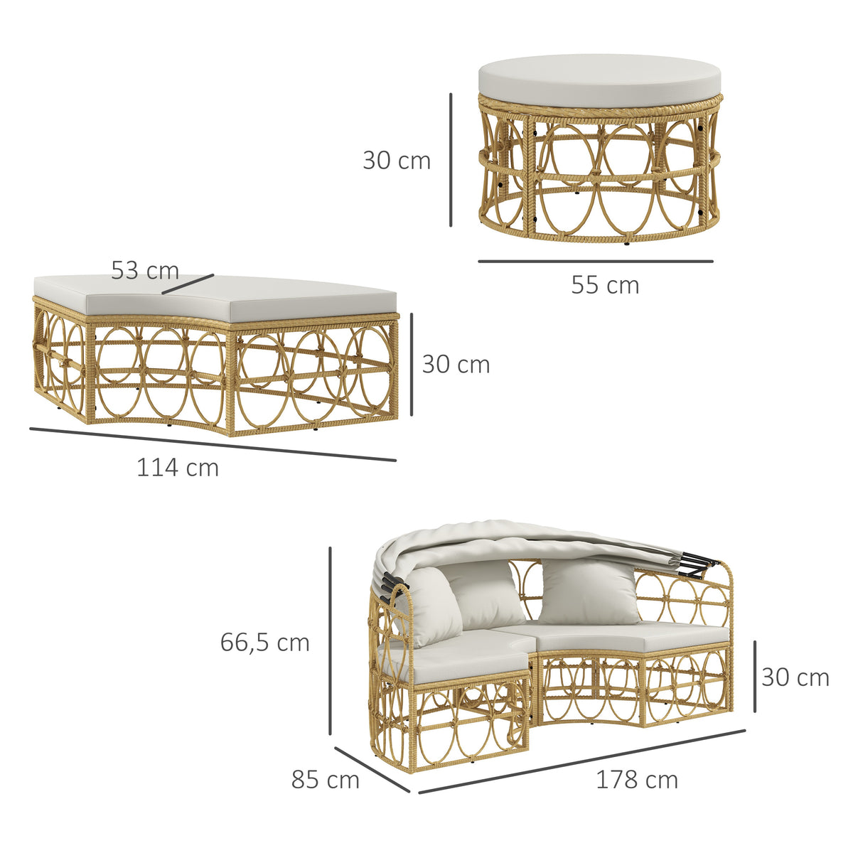Sonneninsel, 4-teilig, ausziehbares Dach, 5 Kissen, Rattanoptik, 178B x 85T x 66,5H cm, Beige