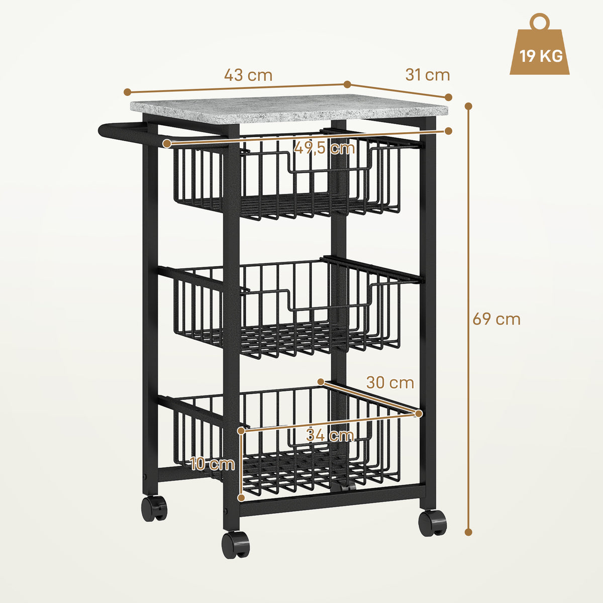 Three Basket Mobile Kitchen Island, with Brakes - Grey/Black