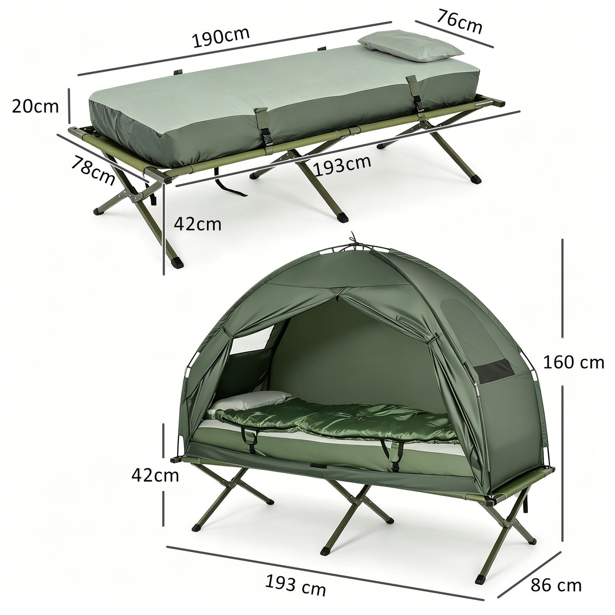 Campingzelt-Set mit Feldbett, Schlafsack und Matratze Dunkelgrün
