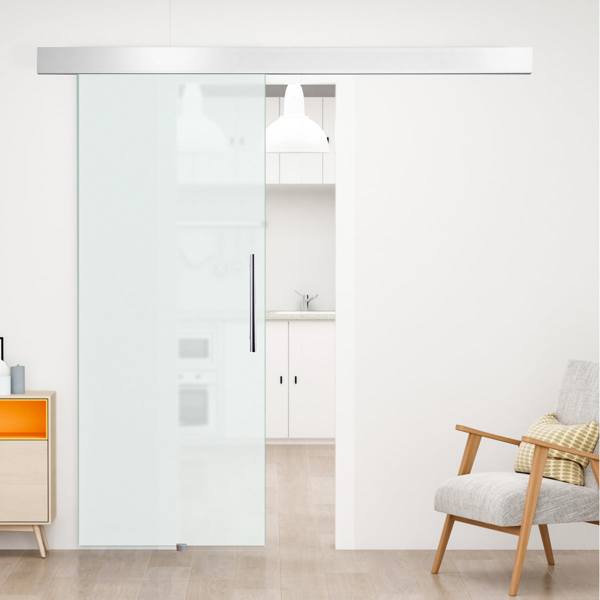 Glasschiebetür mit Griffstange, einseitig satiniert, 90 x 205 cm