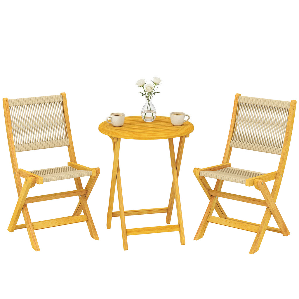 Balkonmöbel Set 3 teilig Polyrattan Holz klappbar Gartenmöbel Set mit Tisch 2 Stühle, Atmungsaktiv