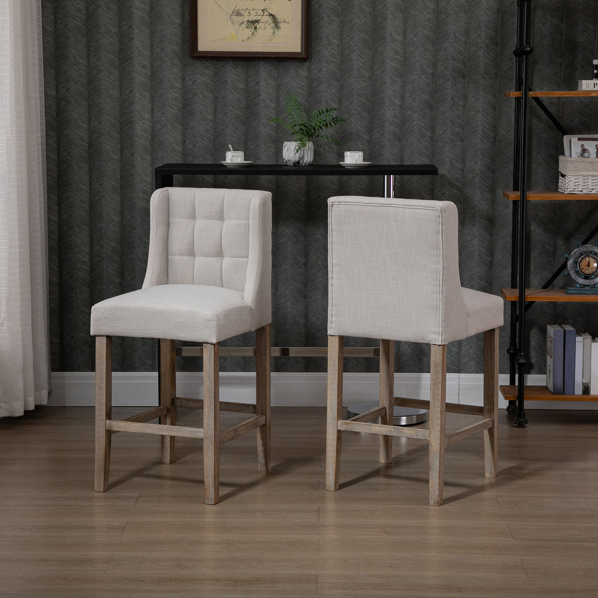 2er-Set Barhocker mit Knopfheftung, Massivholz, inkl. Fußstütze, 47 cm x 50 cm x 101 cm, Grau + Natur