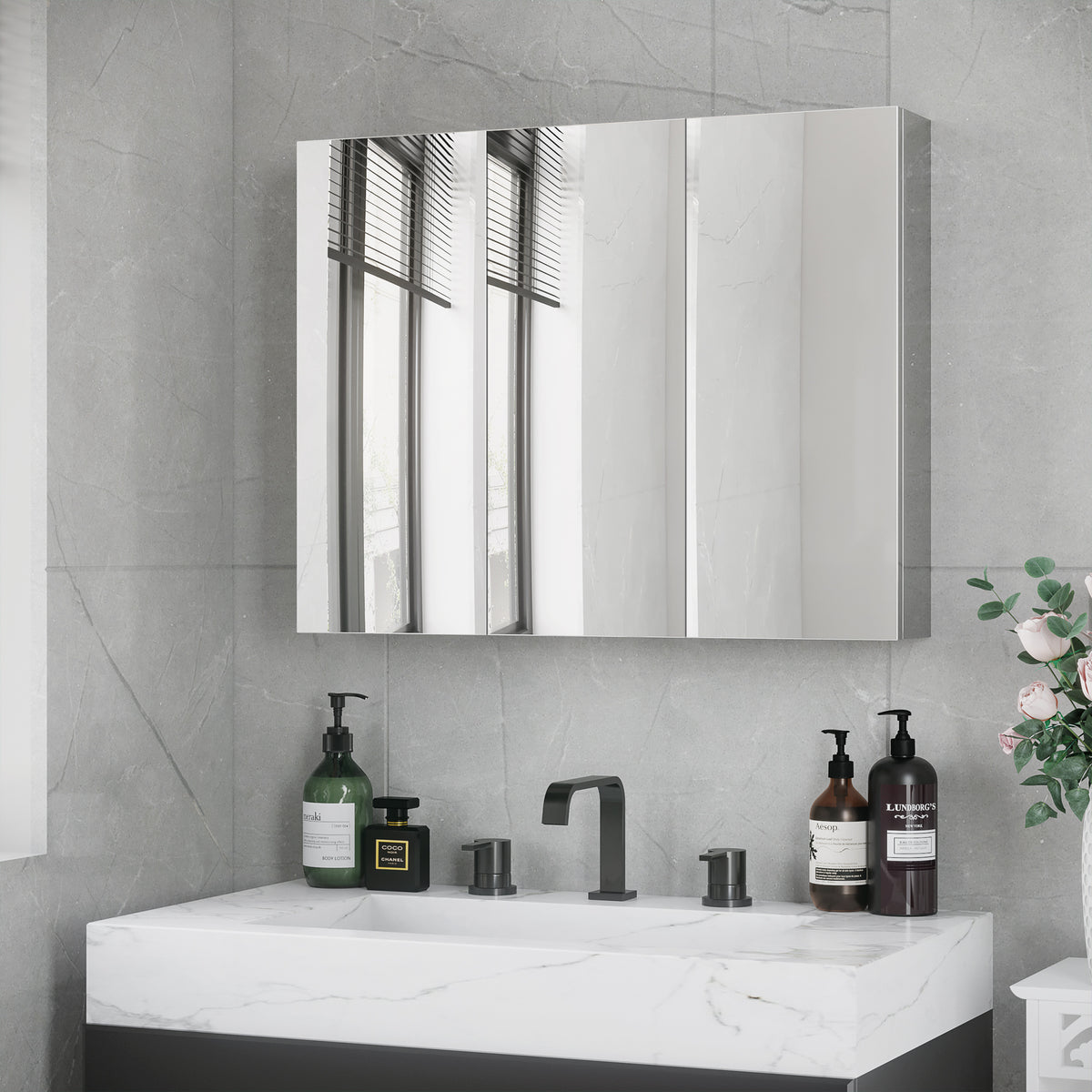Spiegelschrank, Badschrank, 3 Spiegelt¨¹ren, 5 Innenb?den, Edelstahl, Farbe: Silber, 70 x 12 x 55 cm