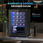 Kleiner Weinkühlschrank, Mini-Kühlschrank für 20 Flaschen, 53 Liter Kapazität, mit Glastür, LED-Beleuchtung, Schwarz