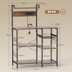 K¨¹chenregal, Standregal mit 2 Steckdosen, 5 S-Haken, 5 Ablagen, Korb, X-Streben Stahl 90 x 42 x 130 cm