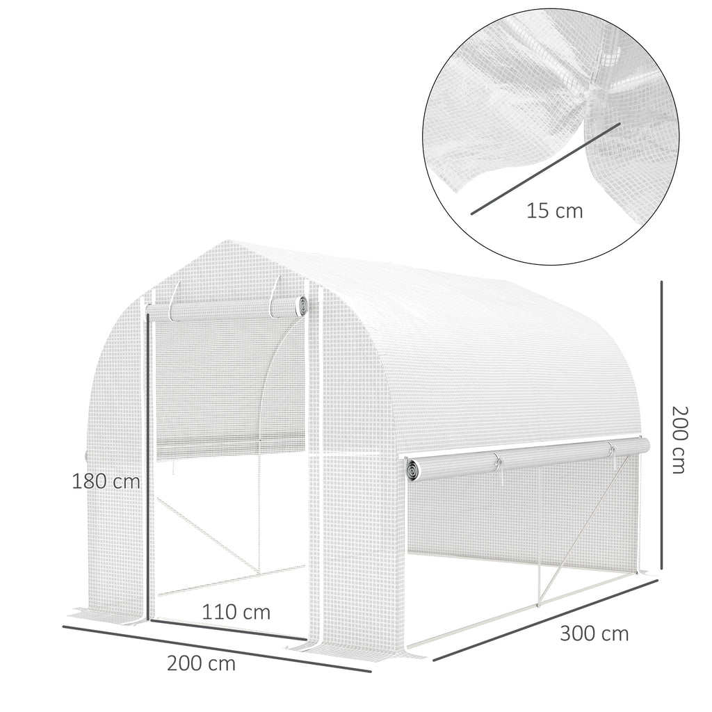 3 x 2 x 2 m Polytunnel-Gewächshaus mit aufrollbaren Seitenwänden, UV-beständiger Kunststoff-Plane und Stahlrahmen, Weiß