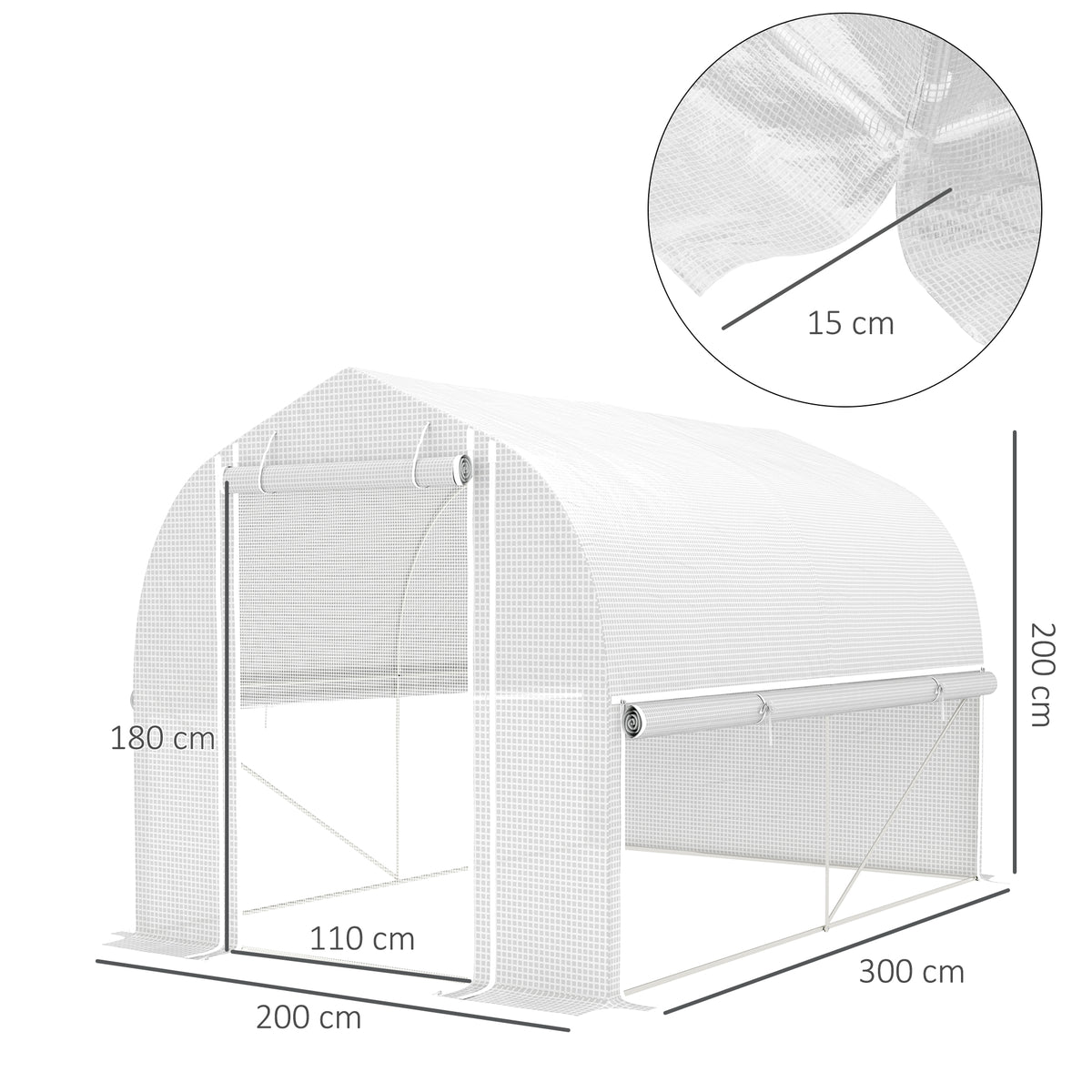 3 x 2 x 2 m Polytunnel-Gewächshaus mit aufrollbaren Seitenwänden, UV-beständiger Kunststoff-Plane und Stahlrahmen, Weiß